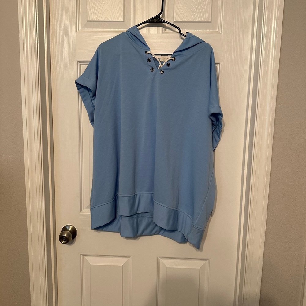 Short Sleeve Blue Hooded Sweatshirt